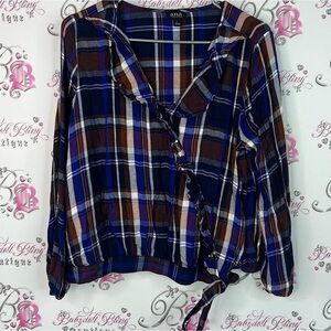 a.n.a top long sleeve tie up Plaid Ruffle Blouse - Blue and Brown